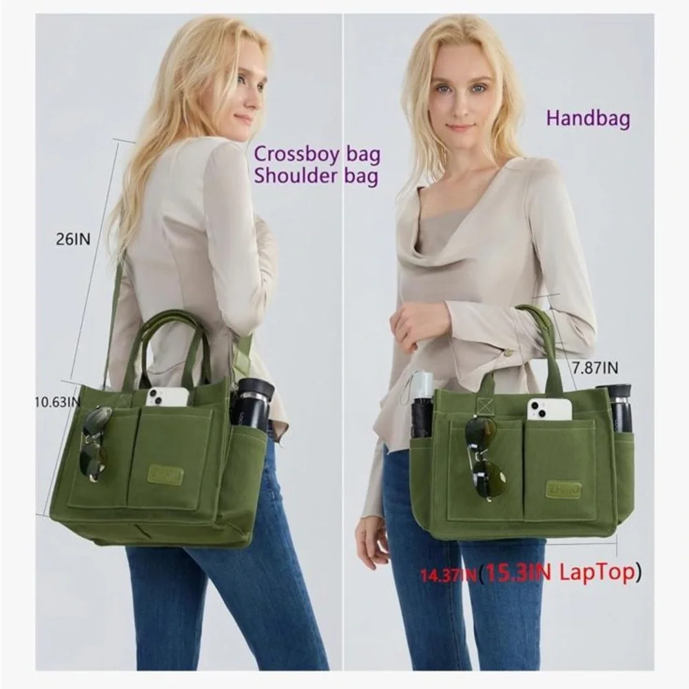 Canvas Tote Bag for Women Crossbody Work Bag Army Green - Picture 4 of 11